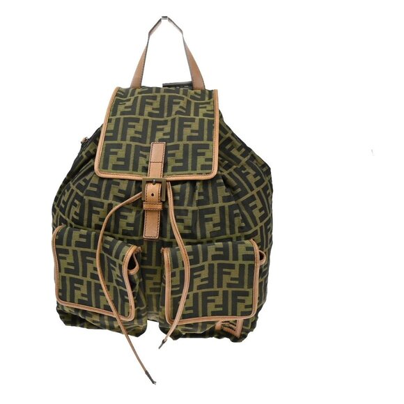 FENDI Logo Zucca Backpack Bag Canvas Leather Brown Khaki Italy 18KB450 - Picture 1 of 16